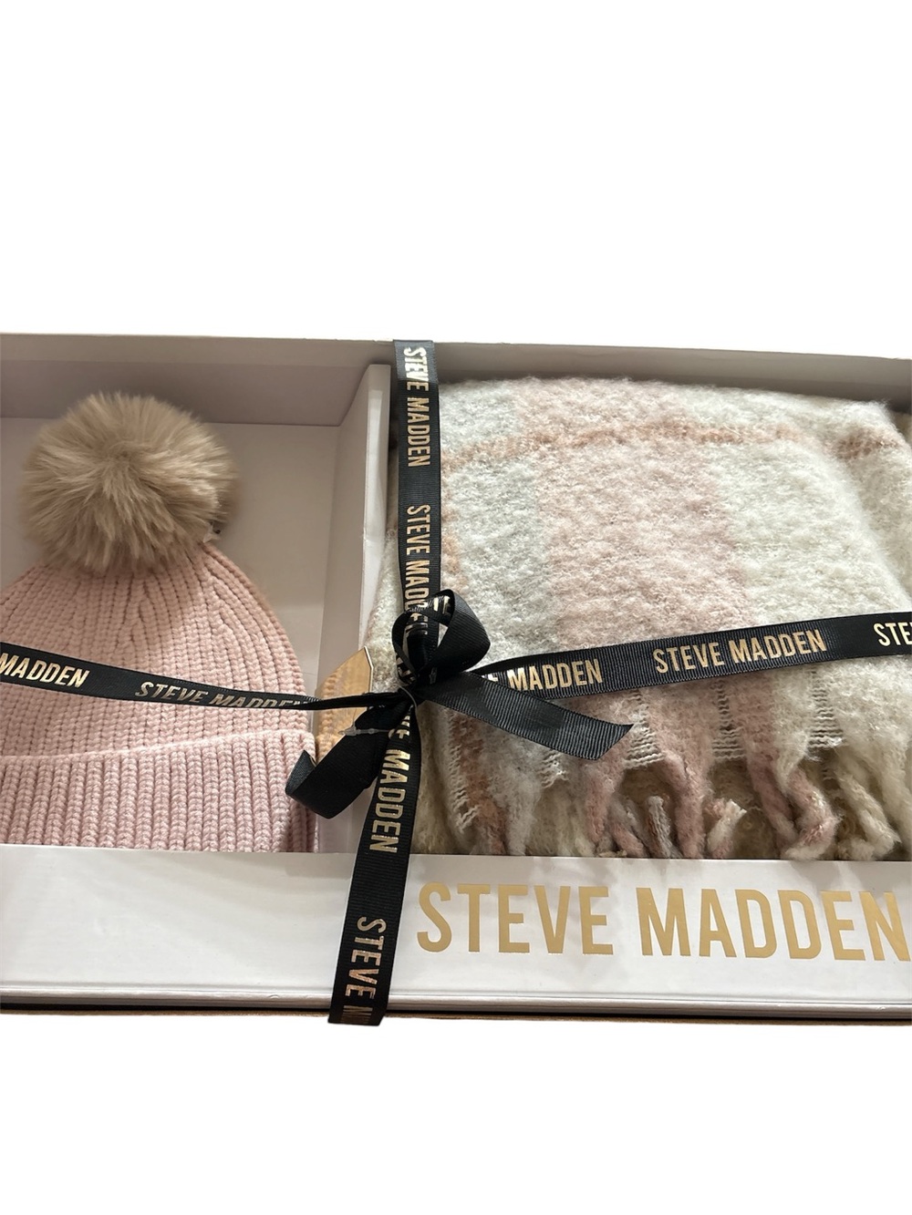 Steve Madden Cream and Light Pink Plaid Fringe Scarf with hoodie